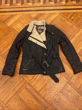 Vintage Barbour Black Quilted moto Jacket with Cream Shearling Trim